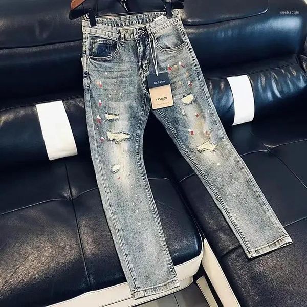 Pantalones vaqueros para hombres Pantalones pintados Hombre Pantalones de vaquero rasgados Flacos Tubo apretado Slim Fit Ripped Roto con agujeros Harajuku Loose Denim XS