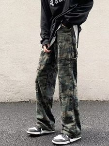 Heren jeans broek met zakken rechte splitsen camouflage man cowboy broek wijde pijpen 2024 Koreaanse herfst zacht jaren 90 streetwear