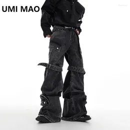 Jeans masculin Umi Mao Mens's Band Washed Pocket Pocket Jean STRAP DESIGNE LA LEG WAGE WORKWEAR DENIM PANTS 2024 Darkwear