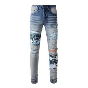 Jeans masculin étiquette sans marque masque bleu abusé de trous de trou de trou de trou de travail haute élasticité serre souris de haute qualité jeans T240531 T240531