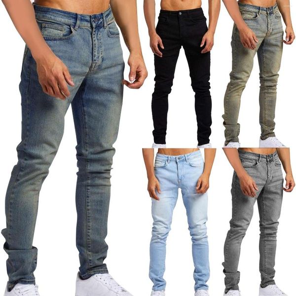 Pantalones vaqueros para hombre, ropa interior, calzoncillos para hombre, rectos, ajustados, elásticos, rasgados, pierna cónica, azul claro