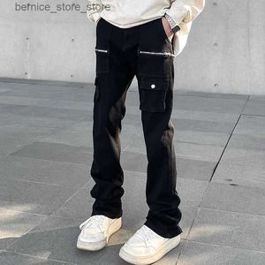 Jeans pour hommes Unique Y2k hommes jean coupe ajustée jambe fendue fermeture éclair poche Cargo pantalon mode Harajuku décontracté Streetwear Techwear jean hommes Q231213