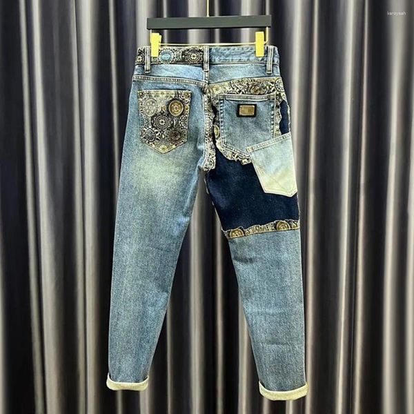 Jeans pour hommes indisciplinés beau style rue hommes automne hiver haute droite épissure florale petits pieds bouton de fermeture éclair pantalon