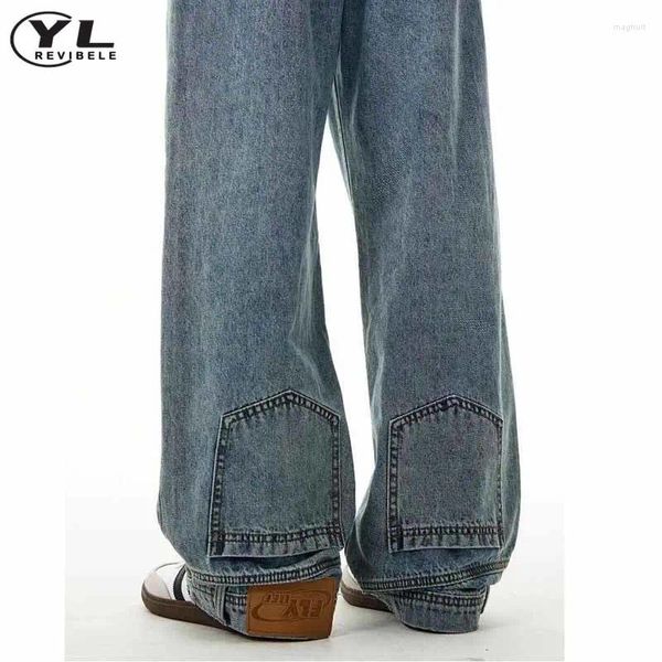 Jeans masculins à l'envers des poches concept les hommes femmes hautes taies bleu pantalon en jean droit de mode