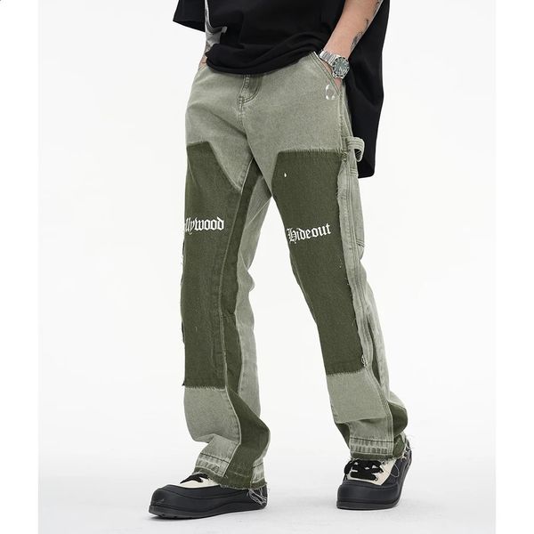 Jeans pour hommes Urban Streetwear Y2k peint à l'encre pantalon évasé épissé jean pour hommes droit décontracté Baggy Denim pantalon unisexe surdimensionné Cargos 231030