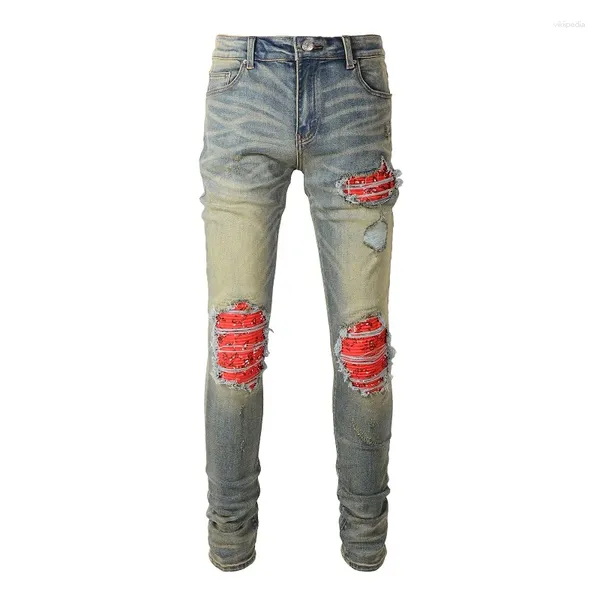 Jeans pour hommes US Drips Blue Distressed Streetwear High Stretch Rouge Patchwork Trous Moustache Slim Fit Ripped Hommes