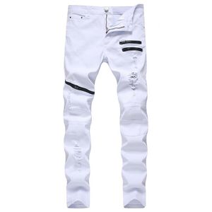 Jeans pour hommes US Taille Slim Fit Biker Hommes Multi Zipper Élastique Coton Denim Rouge Noir Blanc 28-42243n