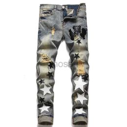 Jeans masculin USA Style Mens Mens à cinq points Patches déchirées étoiles TRENDY Elastic Slim Leggings Pantalon polyvalent LETTRE DE DENIM TOP QUALITÉ D240417