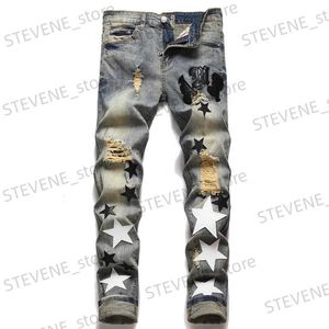 Jeans pour hommes Style américain Mans Jeans Étoile à cinq branches Patchs déchirés Tendance Élastique Slim Leggings Pantalon polyvalent Denim Trou Lettre de qualité supérieure T240326