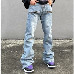 Heren jeans sfeer stijl zipper retro gewassen baggy heren flare broek streetwear hip hip wide been rechte denim broek ropa hombre 230306