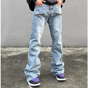 Heren jeans sfeer stijl zipper retro gewassen baggy heren flare jeans broek streetwear hiphop brede been rechte denim broek ropa hombre 230313