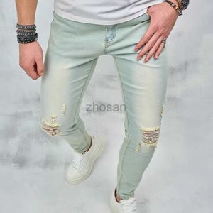 Jeans masculin vintage bleu simple trous solides skinny pantalon hommes élégant élégant stretch mâle coton pantalon denim décontracté d240417