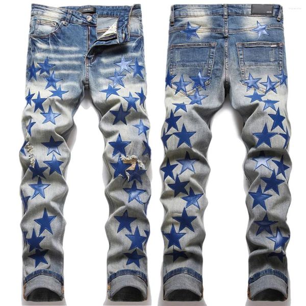 Jeans pour hommes Vintage Blue Skinny Hommes Slim Pantalon Mode Cuir Star Patch Ripped Homme Pantalon en denim extensible en détresse