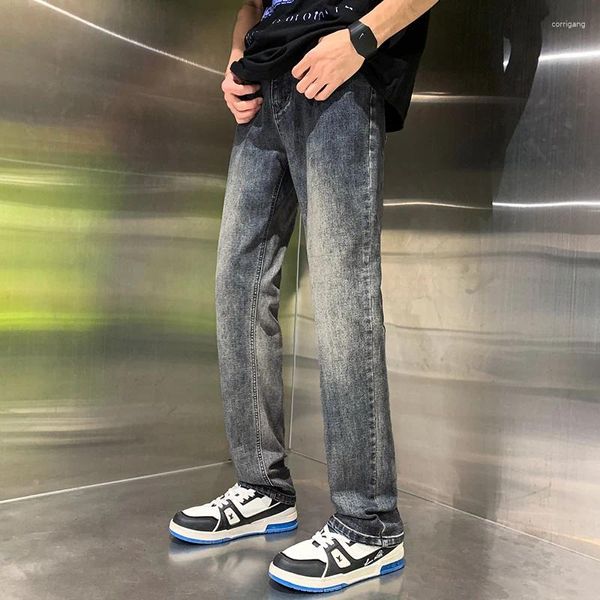 Jeans pour hommes Vintage bleu lavé lâche Micro bombe Denim pantalon Y2K Streetwear décontracté pantalon droit personnalité Chic vêtements