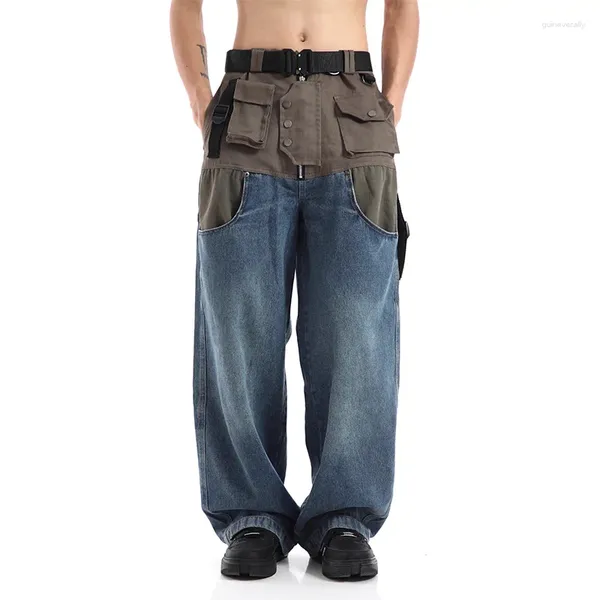 Jeans masculinos vintage carga hip hop calças homens harakuju multi bolsos streetwear calças jeans retalhos