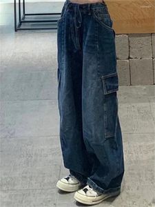 Herenjeans Vintage Dark Blue Jean Cargo Losed denim Pant High Tailed rechte breedbeenbroek 2023 Zomer Y2K Streetwear -kleding