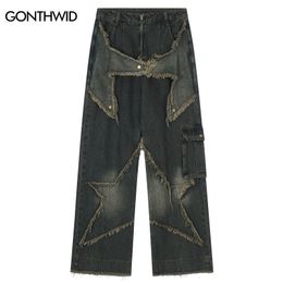 Heren Jeans Vintage Denim Broek Y2K Streetwear Retro Vijf Punt Pentagram Ster Patch Baggy Rechte Harajuku Hip Hop Broek 230804