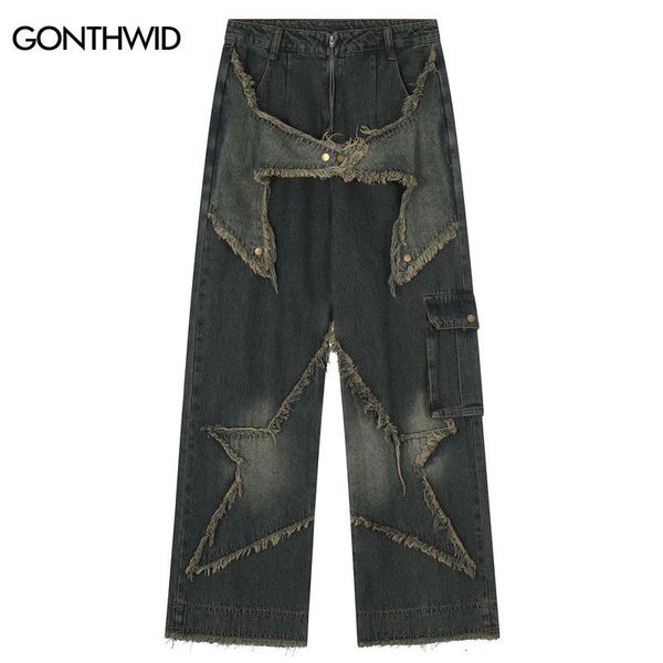 Jeans para hombre Pantalones de mezclilla vintage Y2K Streetwear Retro Five Point Pentagram Star Patch Baggy Straight Harajuku Hip Hop Pantalones 230804
