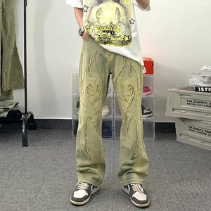 Jeans pour hommes Vintage détruit lavé large pour homme mode flamme broderie coupe Denim pantalon Baggy Hip Hop pantalon en détresse