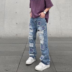 Heren Jeans Vintage Verontruste Mens Flared Patchs Borduren Brede Hip Hop Gewassen Vernietigd Ripped Baggy 2023 Kleding