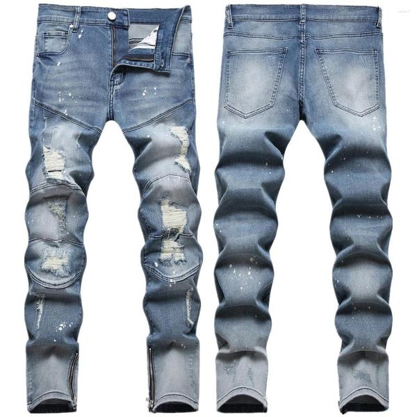 Jeans pour hommes Vintage en détresse déchiré hommes mode genou trou détruit effiloché jambe droite mâle décontracté hip hop zip denim pantalon