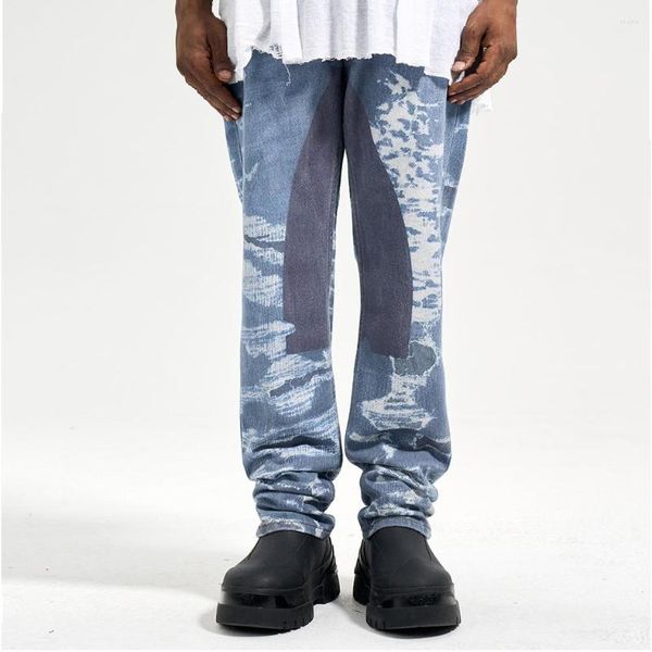Jeans pour hommes Mode Vintage Y2k Endommagé Avec Impression Hip Hop Graffiti Lavé Conique Streetwear Foncé Hommes Pantalon Slim