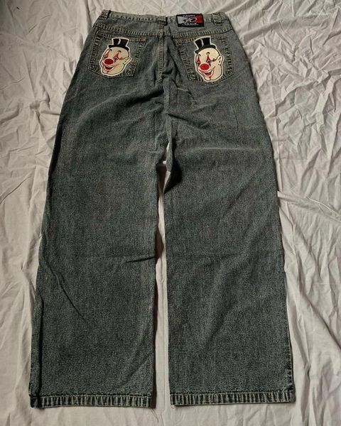 Jeans pour hommes Vintage High Street Clown Grimace brodé pour hommes Y2k Goth Punk Harajuku tendance lâche jambe droite pantalon large