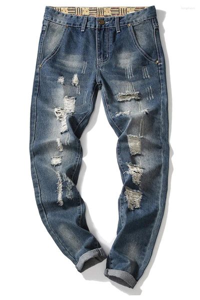 Jeans para hombres Vintage High Street Washed Old Denim Marca de moda Regular Fit Straight Barrel Mendgar Hole Pantalones arruinados