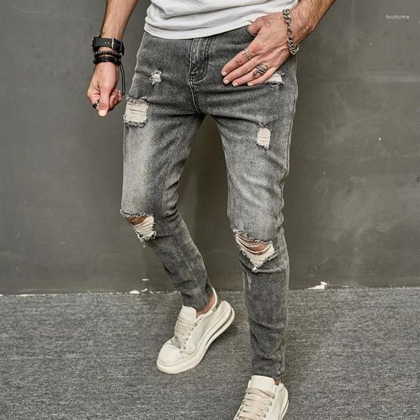 Jeans para hombres Vintage Hole Slim Men Moda Bolsillos sólidos Jean 2023 Primavera Casual Denim Pantalones Pantalón largo Legging Cl2111