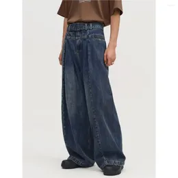 Heren jeans vintage Japanse stijl met hoge taille gewassen high-street losse wijd poot met een vaste kleur met rechte kleur gedrapeerd