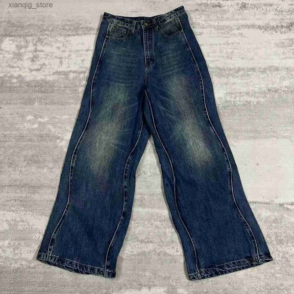 Jeans para hombres Jeans vintage para hombres Hip Hop Rock Solid Wave Cowboy Pants 2023 Nuevo Harajuku jeansoversos pantalones de piernas anchas soldadas L49