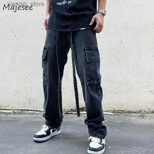 Jeans masculin jeans vintage pour hommes poches techniques de la ceinture de la ceinture de la mode Hip hop jean pantalon de jambe large streetwear streetwear chic l49