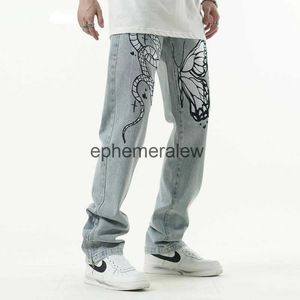 Jeans pour hommes Vintage hommes jean pantalon Hip Hop broderie serpent papillon côté fermeture éclair Denim Streetwear décontracté ample Baggy pantalon droit Newephemeralew