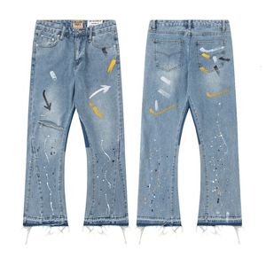 Men S jeans Vintage patchwork évasé de rue Espuré de rue détruit pantalon en jean déchiré HIP HOP LOGGING SLIM BLUE 230906