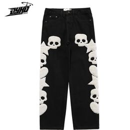 Pantalones vaqueros para hombre Bolsillo vintage Bordado de calavera Pantalones cargo rectos Hombres y mujeres Pantalones de gran tamaño Harajuku Streetwear Denim 230313