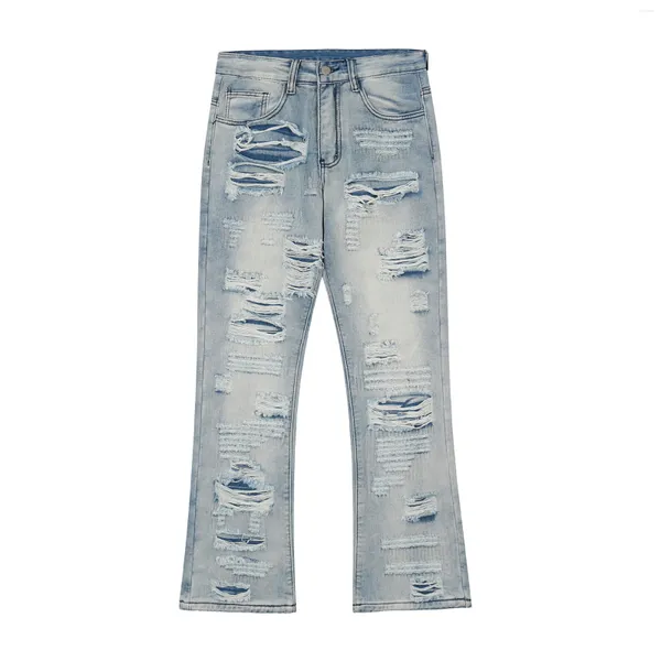 Jeans pour hommes Vintage Denim déchiré pour Blue High Street Lavé Détruit Flare Slim Fit Pantalon en détresse Hip Hop