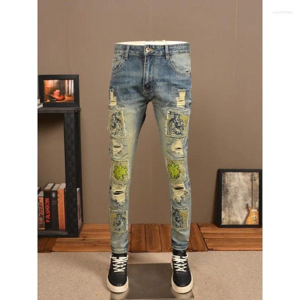 Jeans pour hommes Vintage déchiré Hipster Stretch coupe droite haut de gamme brodé Scratch Patch pantalon en jean décontracté