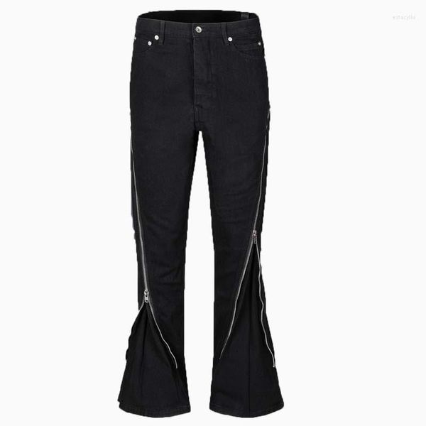 Jeans para hombre Vintage Tornillo Twist Negro Micro Acampanado Jean Hombres Hip Hop Diagonal Cremallera Suelta Pantalones anchos Unisex Streetwear Denim