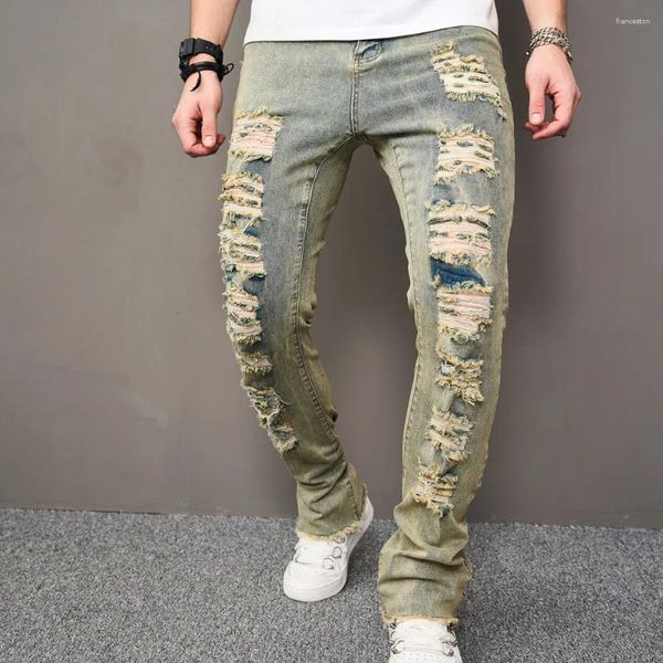 Jeans para hombres Vintage Agujeros con estilo Hip Hop Hombres Estiramiento Pantalones flacos Ripped Sólido Casual Masculino Slim Jogger Denim Pantalones