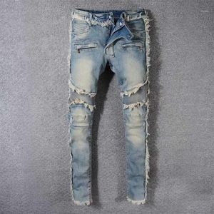Jeans pour hommes Vintage Washed Denim Fringe Biker pour Moto Mode Slim Fit Droite Patchwork Pantalon Grand Et Grand Pantalon247S