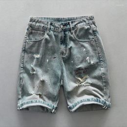 Jeans masculin short en jean lavé vintage pour les hommes 2024 Summer décontracté trou déchiré peinture à moitié jeune pantalon de genou lâche américain masculin