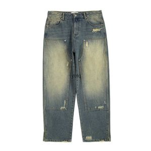 Herenjeans Vintage gewassen gat oversized wijde pijpen logging jeans voor heren blauw gespoten rechte dweilbroek wijde brede denim broekyolq