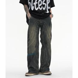 Jeans para hombres Vintage Y2K pintados con rayas circulares pantalones flash rectos para hombres Harajuku ropa de calle bolso casual jeans denim de gran tamaño 231229