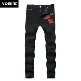 Herenjeans VOMINT zwarte gescheurde jeans met borduursel mannen met bloemen roos geborduurde heren denim jeans stretch skinny jeans broek 230619