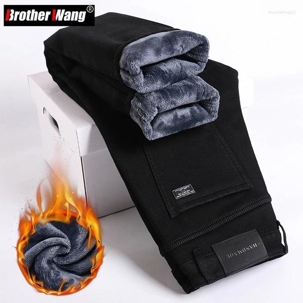 Jeans para hombres Cálido Fleece Invierno Terciopelo grueso Slim Fit Business Casual Pantalones Clásico Negro Azul Elástico Algodón Denim