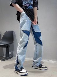 Heren jeans gewassen en versleten pentagram splicing jeans voor mannen modieuze en veelzijdige los rechte broek Baggy Wide Leg Casual Pants 230812