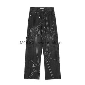 Jeans voor heren, gewassen zwarte kleur, patchwork, streetwear, heren denim broek, Y2K, Harajuku, recht gesplitst, unisex jeans, oversized cargobroekH24131