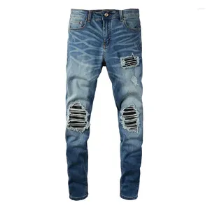 Jeans pour hommes lavés bleu ue goutte à goutte mode côtes en détresse patchwork italien trous endommagés coupe slim stretch déchiré