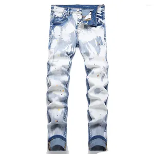 Jeans pour hommes Denim délavé Streetwear bouton peint pantalon bleu pantalon fuselé mince