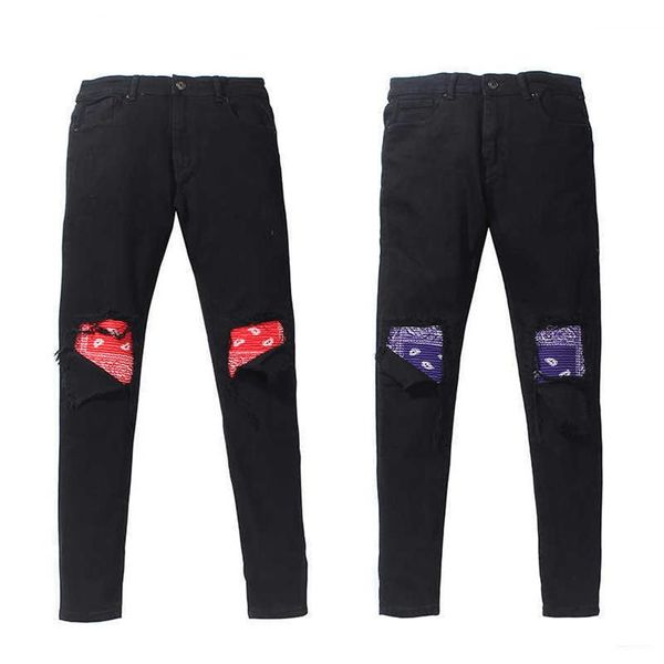 Jeans pour hommes trou délavé chat barbe patchwork noix de cajou violet rouge amibe jeans coupe ajustée micro élastique jeans298g